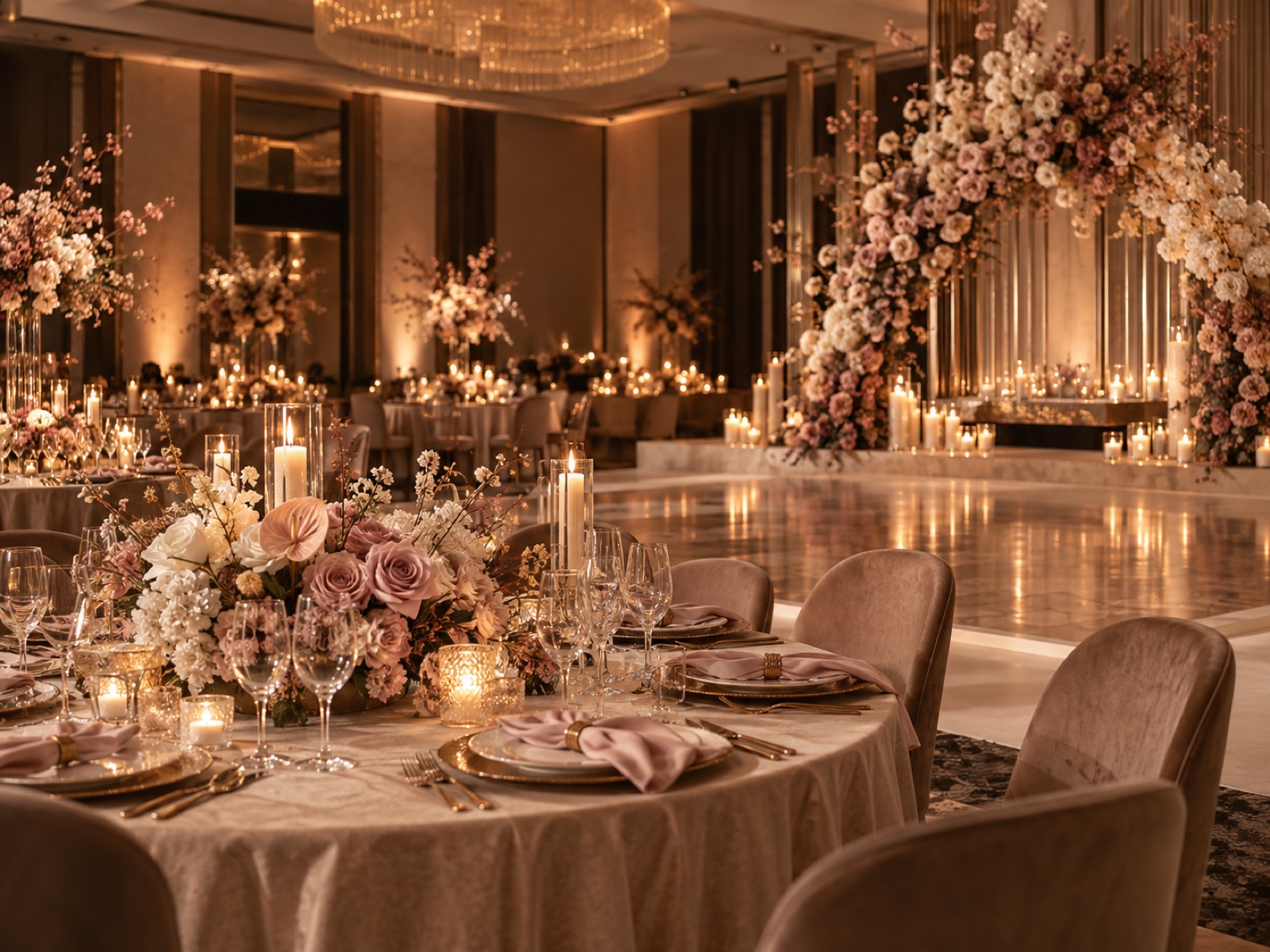 Elegant reception ballroom with blush florals and warm candlelight