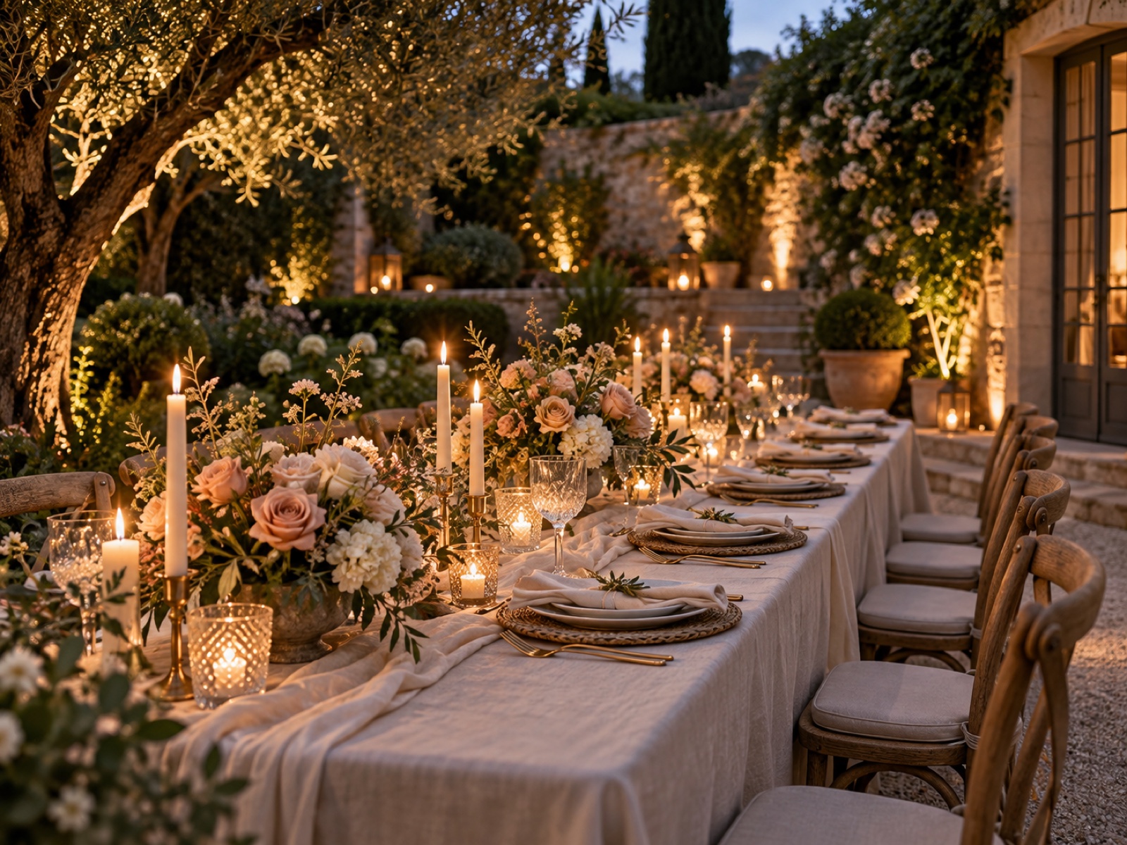 Intimate garden celebration table styled with flowers and candles