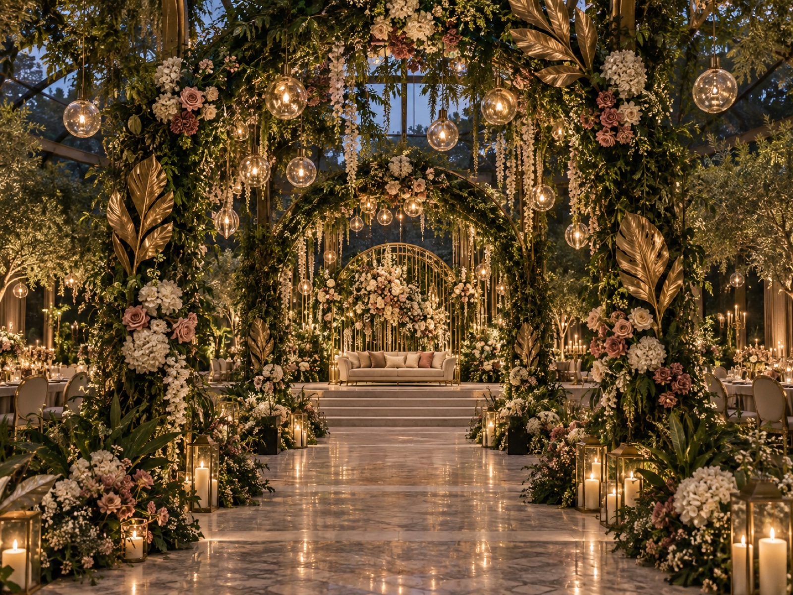Enchanted garden event with botanical arches and hanging lights
